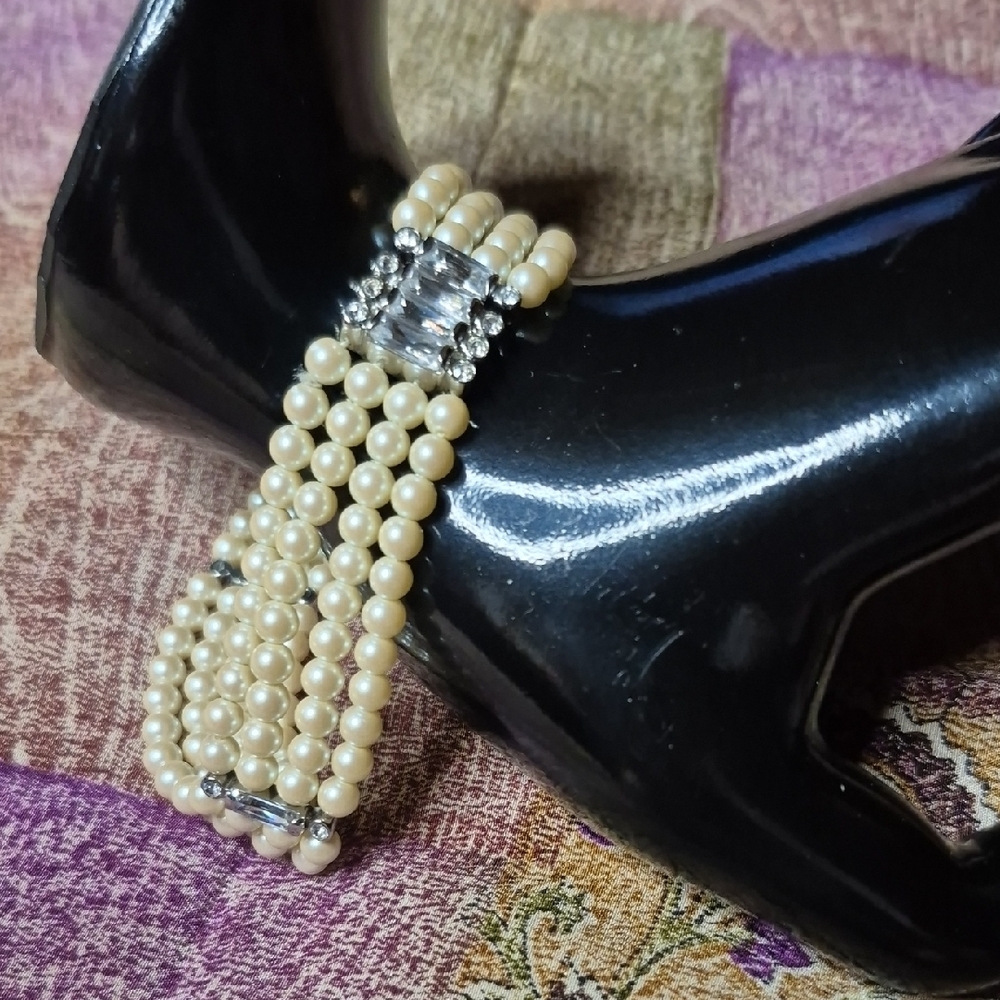 Vintage Monet Cream Pearl Multi-Strand Bracelet with Crystal Accent